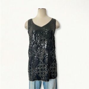 Vintage 100% Silk Full Sequin Geometric Beaded Sleeveless Top Size 12